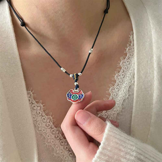 Tibetan Ethnic Style Colorful Peace Lock Braided Necklace Black Rope Ruyi Lock Necklace - Lunaria