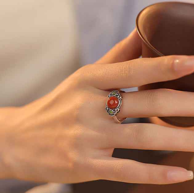 S925 silver South Red Agate Ring Jasper Retro Auspicious Cloud Ring - Lunaria