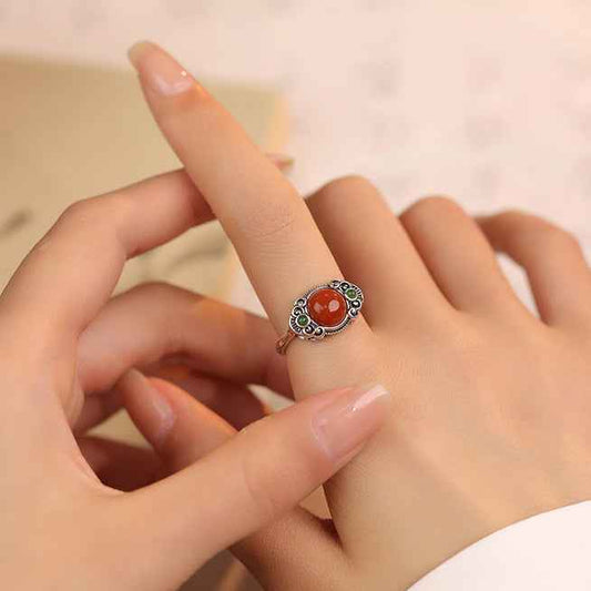 S925 silver South Red Agate Ring Jasper Retro Auspicious Cloud Ring - Lunaria