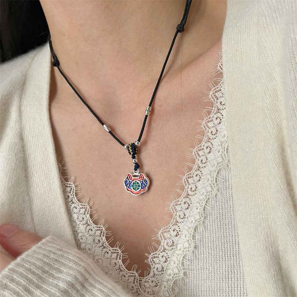 Tibetan Ethnic Style Colorful Peace Lock Braided Necklace Black Rope Ruyi Lock Necklace - Lunaria