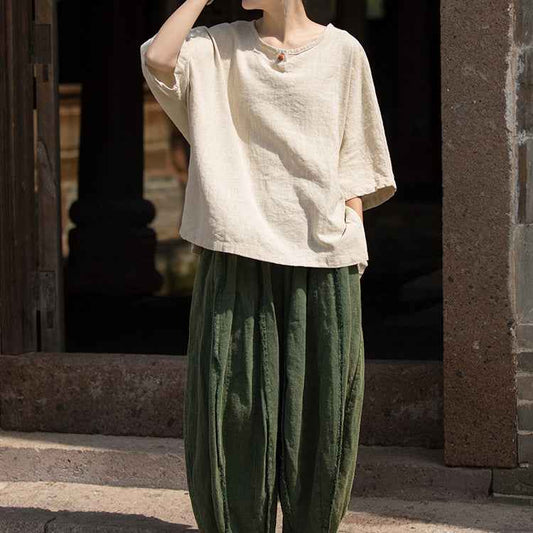 Causal Half Sleeve Ramie Linen Cotton T-shirt Tee Women Top