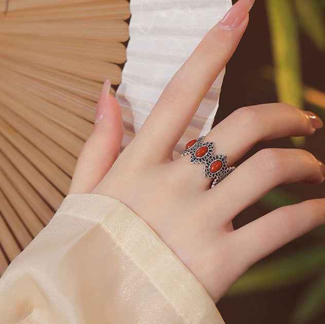 Unique Coral Thai Silver South Red Agate Hetian Jade Ring Retro Ethnic Style - Lunaria