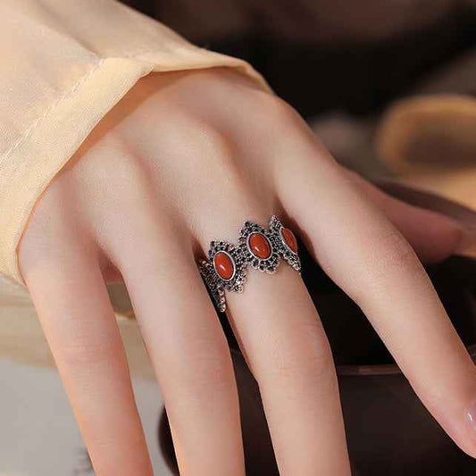 Unique Coral Thai Silver South Red Agate Hetian Jade Ring Retro Ethnic Style - Lunaria