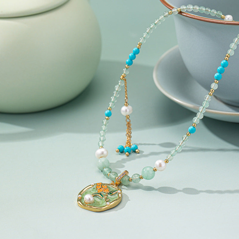 Crystal Turquoise Gemstone Necklace Vintage Drip Glaze Flower Pendant