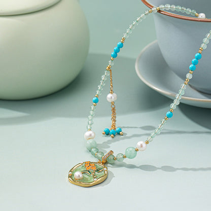 Crystal Turquoise Gemstone Necklace Vintage Drip Glaze Flower Pendant