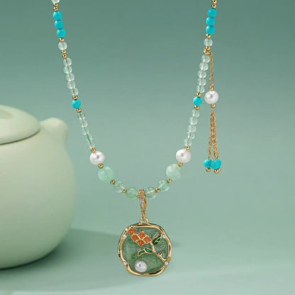 Crystal Turquoise Gemstone Necklace Vintage Drip Glaze Flower Pendant
