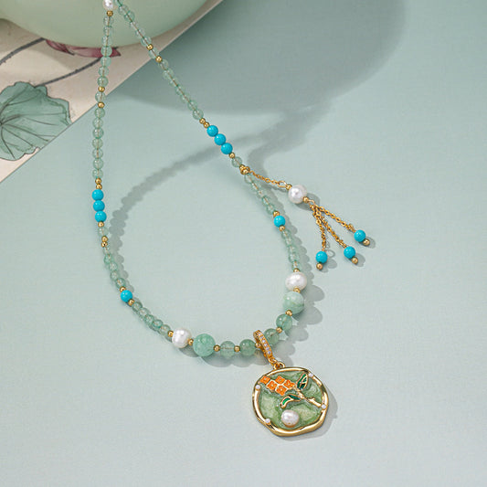 Crystal Turquoise Gemstone Necklace Vintage Drip Glaze Flower Pendant