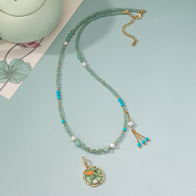 Crystal Turquoise Gemstone Necklace Vintage Drip Glaze Flower Pendant