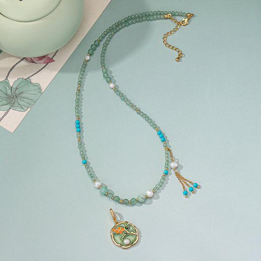 Crystal Turquoise Gemstone Necklace Vintage Drip Glaze Flower Pendant